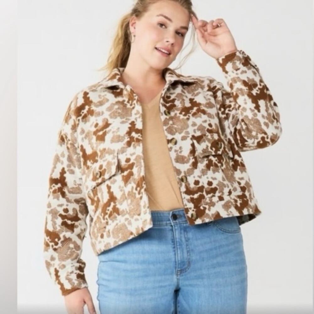 Sonoma | Women’s Brown Tan Cow print Jacquard Cropped Shacket Casual Comfy S